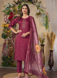 Cerise Color Embroidery Thread Work Designer Salwar Suit