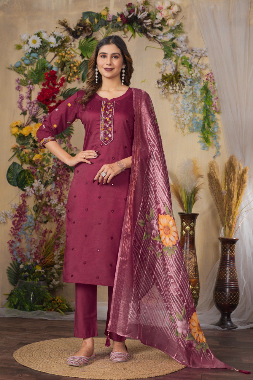 Cerise Color Embroidery Thread Work Designer Salwar Suit
