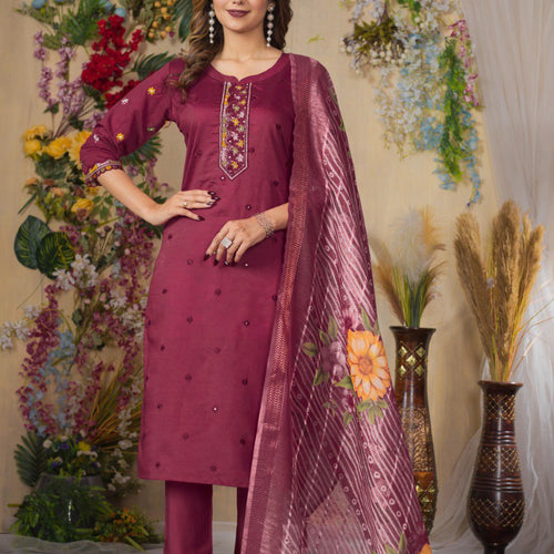 Cerise Color Embroidery Thread Work Designer Salwar Suit