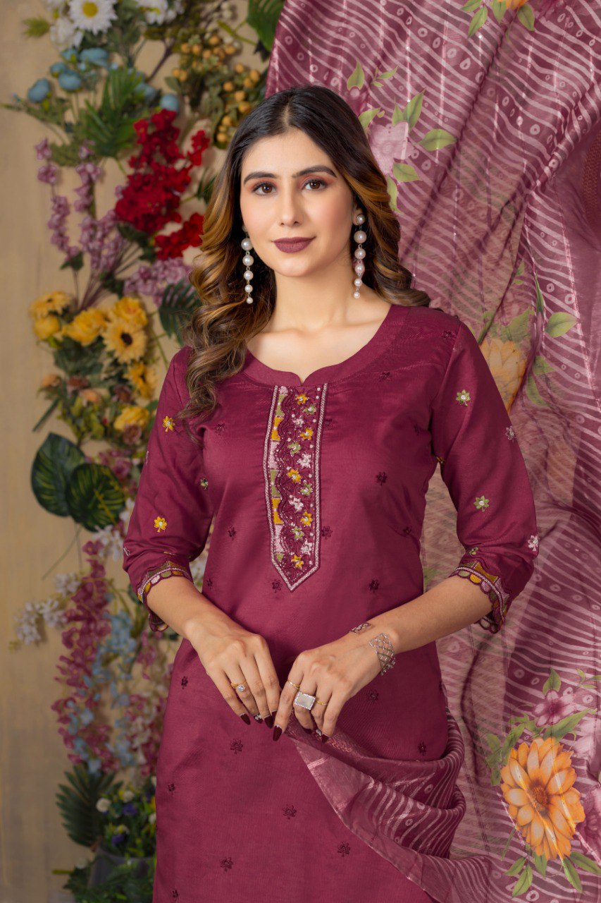 Cerise Color Embroidery Thread Work Designer Salwar Suit