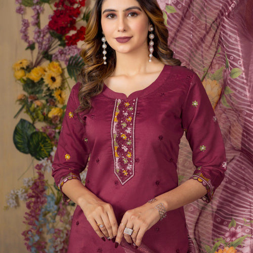 Cerise Color Embroidery Thread Work Designer Salwar Suit