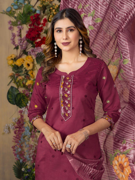 Cerise Color Embroidery Thread Work Designer Salwar Suit