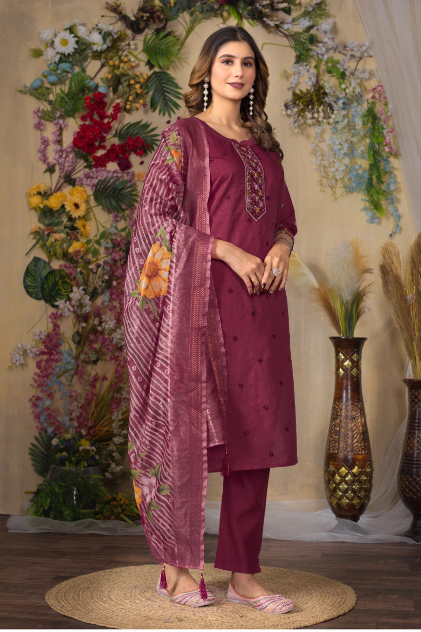 Cerise Color Embroidery Thread Work Designer Salwar Suit