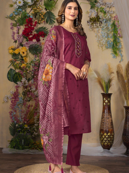 Cerise Color Embroidery Thread Work Designer Salwar Suit
