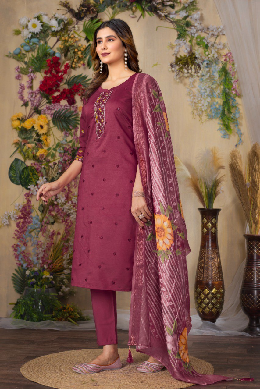 Cerise Color Embroidery Thread Work Designer Salwar Suit