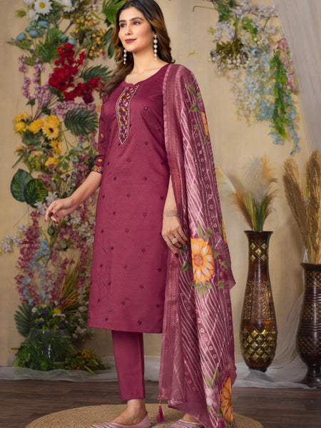 Cerise Color Embroidery Thread Work Designer Salwar Suit
