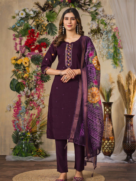 Wine Color Embroidery Thread Work Designer Salwar Suit