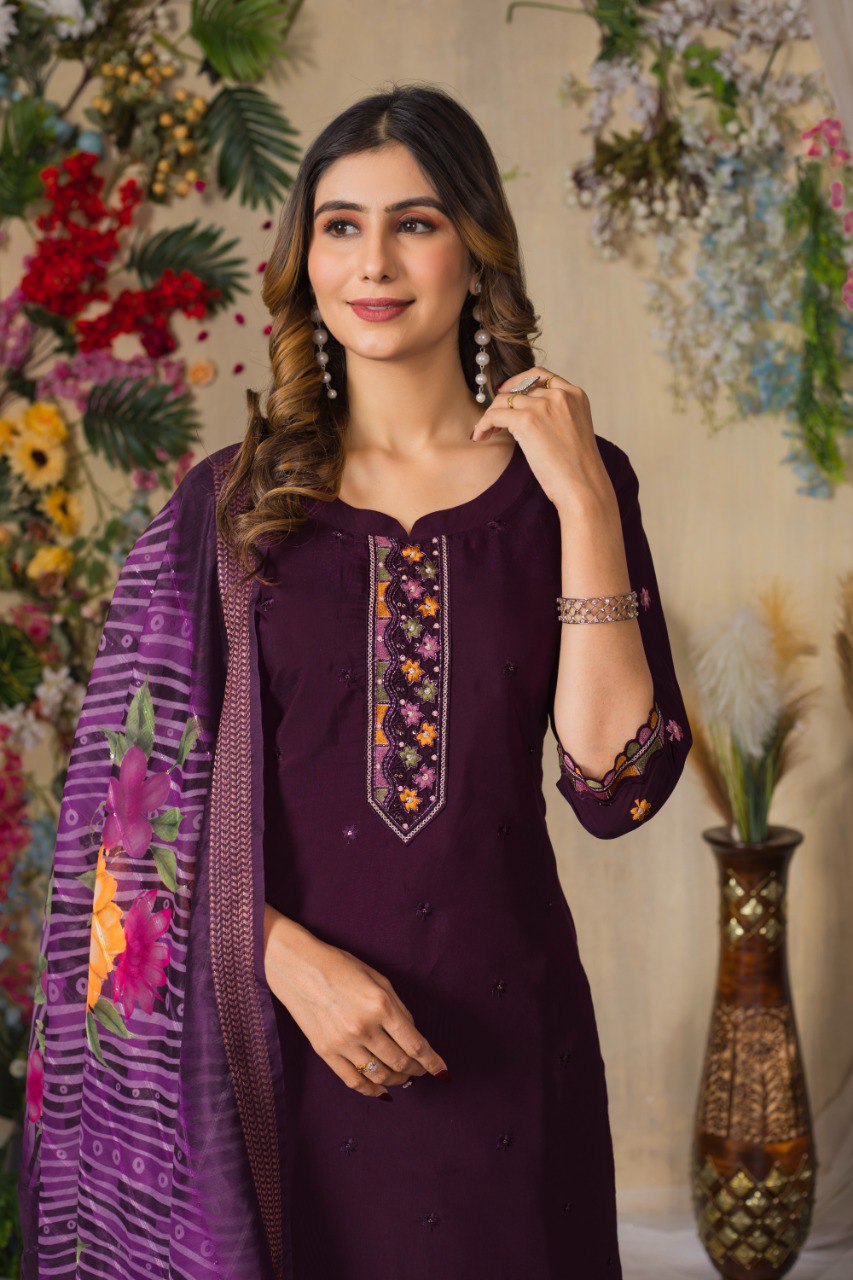 Wine Color Embroidery Thread Work Designer Salwar Suit