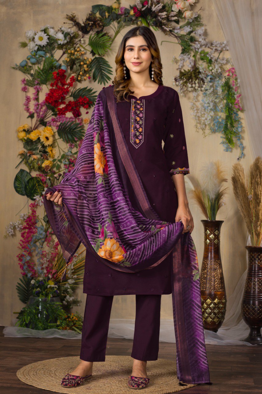Wine Color Embroidery Thread Work Designer Salwar Suit