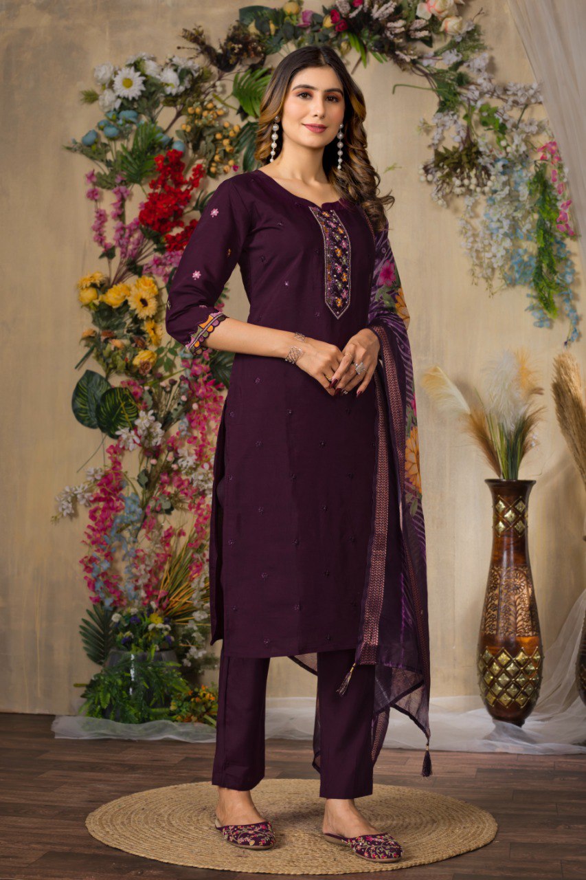 Wine Color Embroidery Thread Work Designer Salwar Suit