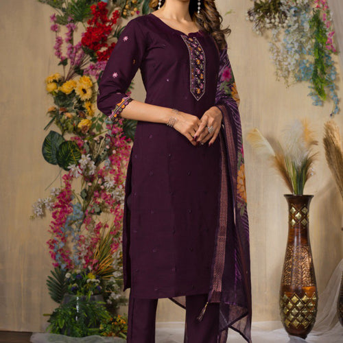 Wine Color Embroidery Thread Work Designer Salwar Suit