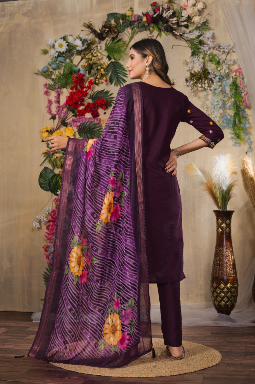 Wine Color Embroidery Thread Work Designer Salwar Suit