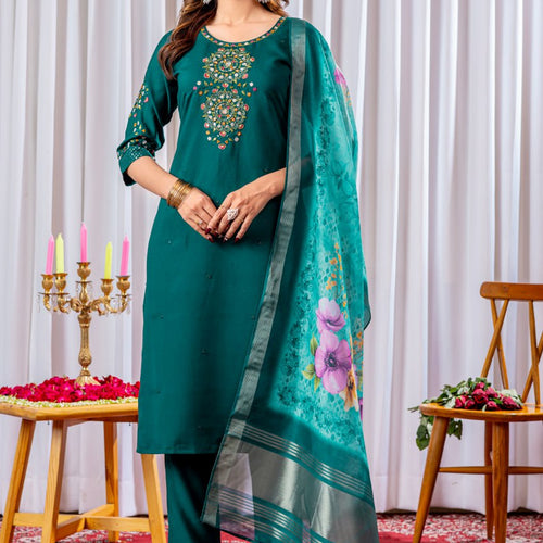 Rama Green Color Embroidery Thread Work Designer Salwar Suit