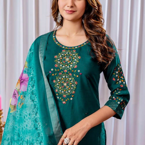 Rama Green Color Embroidery Thread Work Designer Salwar Suit
