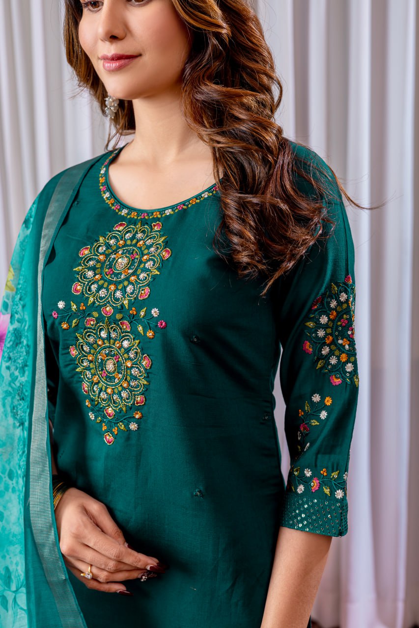 Rama Green Color Embroidery Thread Work Designer Salwar Suit