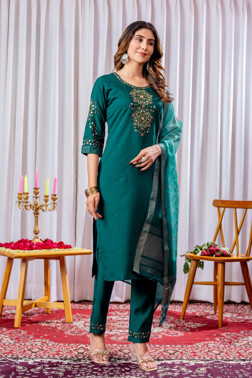 Rama Green Color Embroidery Thread Work Designer Salwar Suit