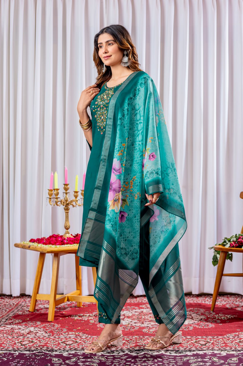 Rama Green Color Embroidery Thread Work Designer Salwar Suit