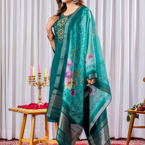 Rama Green Color Embroidery Thread Work Designer Salwar Suit
