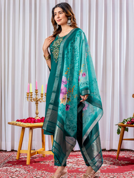 Rama Green Color Embroidery Thread Work Designer Salwar Suit