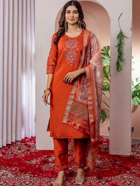 Orange Color Embroidery Thread Work Designer Salwar Suit