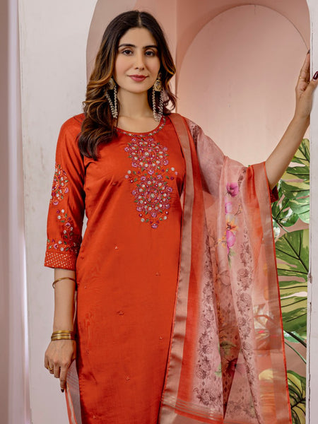Orange Color Embroidery Thread Work Designer Salwar Suit