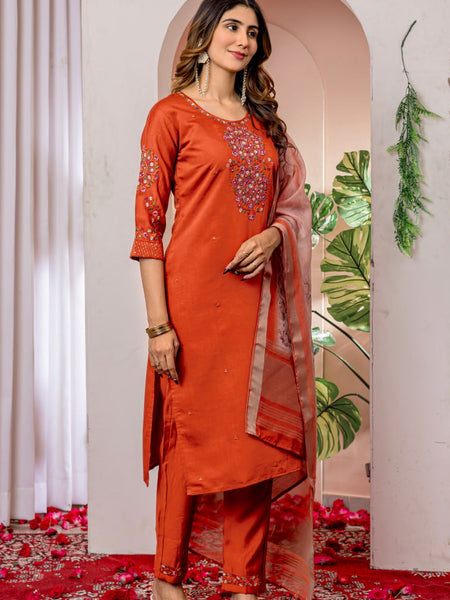 Orange Color Embroidery Thread Work Designer Salwar Suit