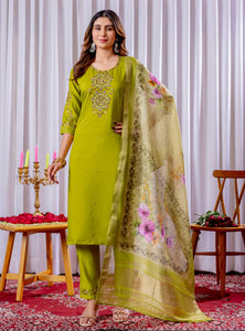 Parrot Color Embroidery Thread Work Designer Salwar Suit