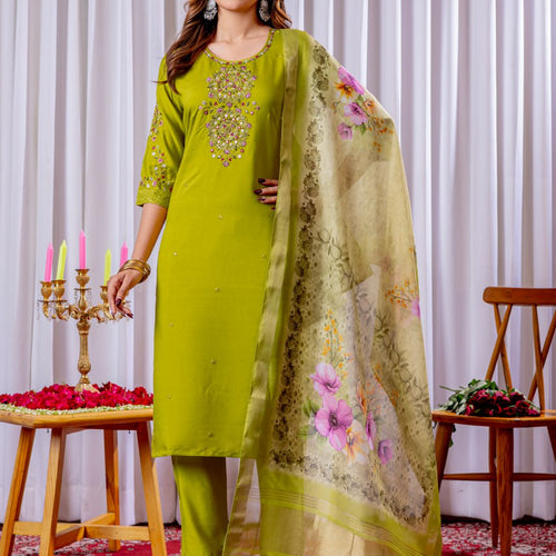 Parrot Color Embroidery Thread Work Designer Salwar Suit