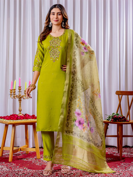 Parrot Color Embroidery Thread Work Designer Salwar Suit