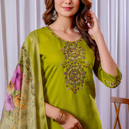 Parrot Color Embroidery Thread Work Designer Salwar Suit