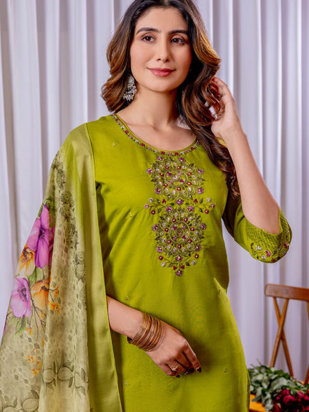 Parrot Color Embroidery Thread Work Designer Salwar Suit