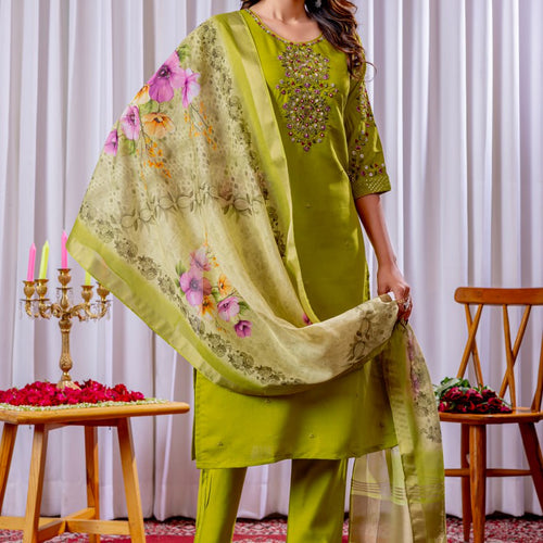 Parrot Color Embroidery Thread Work Designer Salwar Suit