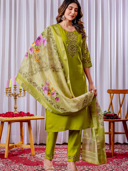 Parrot Color Embroidery Thread Work Designer Salwar Suit