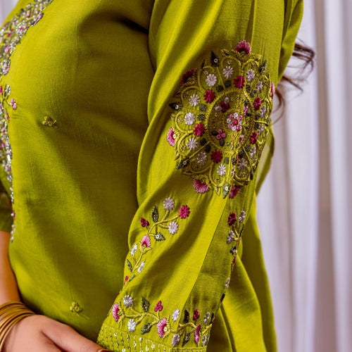 Parrot Color Embroidery Thread Work Designer Salwar Suit