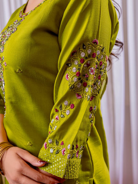 Parrot Color Embroidery Thread Work Designer Salwar Suit