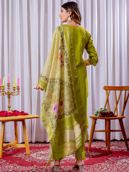 Parrot Color Embroidery Thread Work Designer Salwar Suit