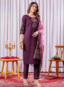 Wine Color Embroidery Thread Work Designer Salwar Suit