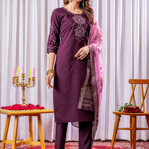 Wine Color Embroidery Thread Work Designer Salwar Suit