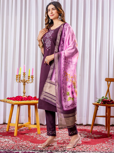 Wine Color Embroidery Thread Work Designer Salwar Suit