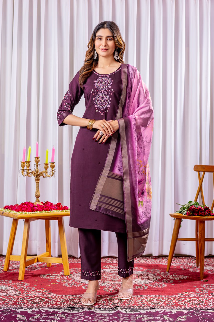 Wine Color Embroidery Thread Work Designer Salwar Suit