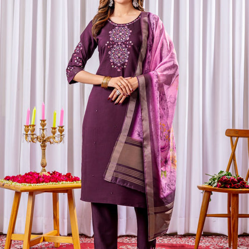Wine Color Embroidery Thread Work Designer Salwar Suit