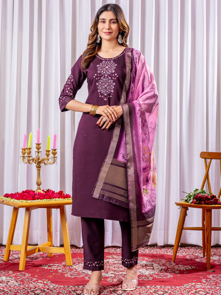 Wine Color Embroidery Thread Work Designer Salwar Suit