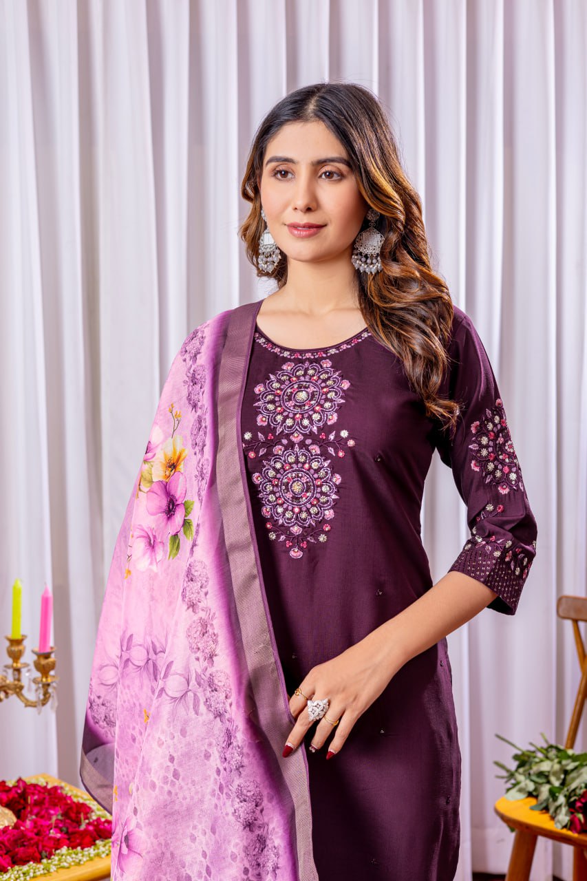 Wine Color Embroidery Thread Work Designer Salwar Suit