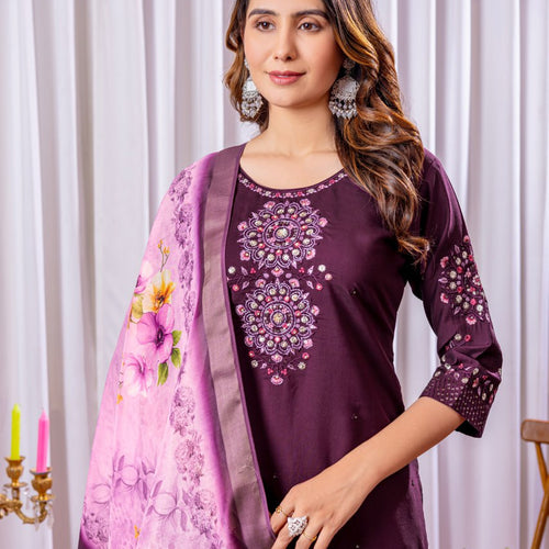 Wine Color Embroidery Thread Work Designer Salwar Suit