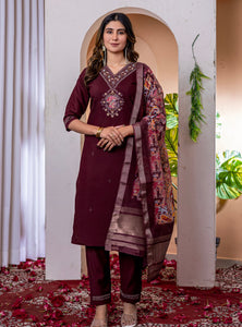 Wine Color Embroidery Thread Work Designer Salwar Suit