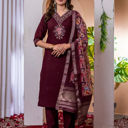 Wine Color Embroidery Thread Work Designer Salwar Suit