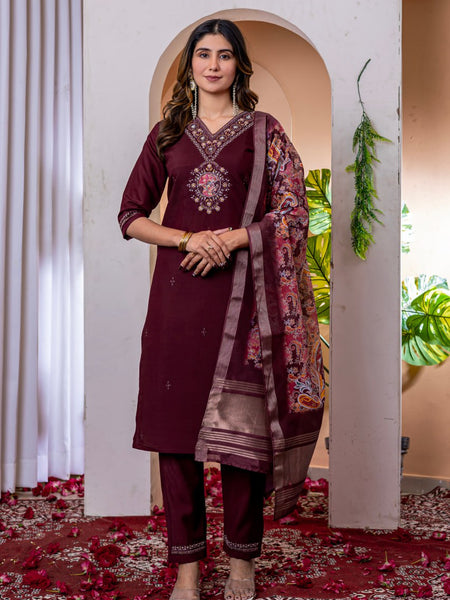 Wine Color Embroidery Thread Work Designer Salwar Suit