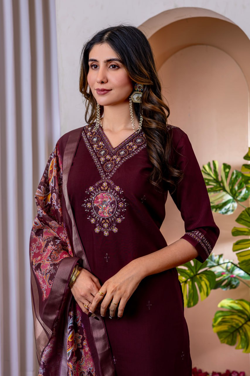 Wine Color Embroidery Thread Work Designer Salwar Suit