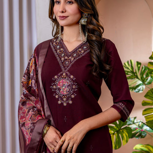 Wine Color Embroidery Thread Work Designer Salwar Suit