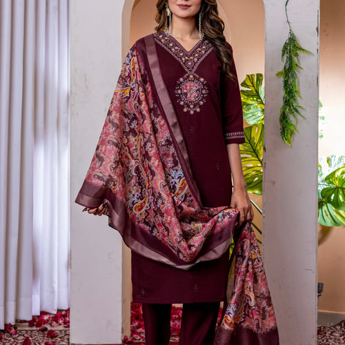 Wine Color Embroidery Thread Work Designer Salwar Suit